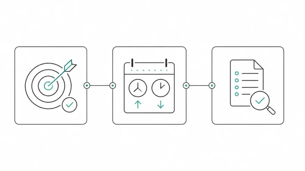 Tres conceptos conectados: objetivo cumplido, registro de entrada y salida, y evidencia auditable