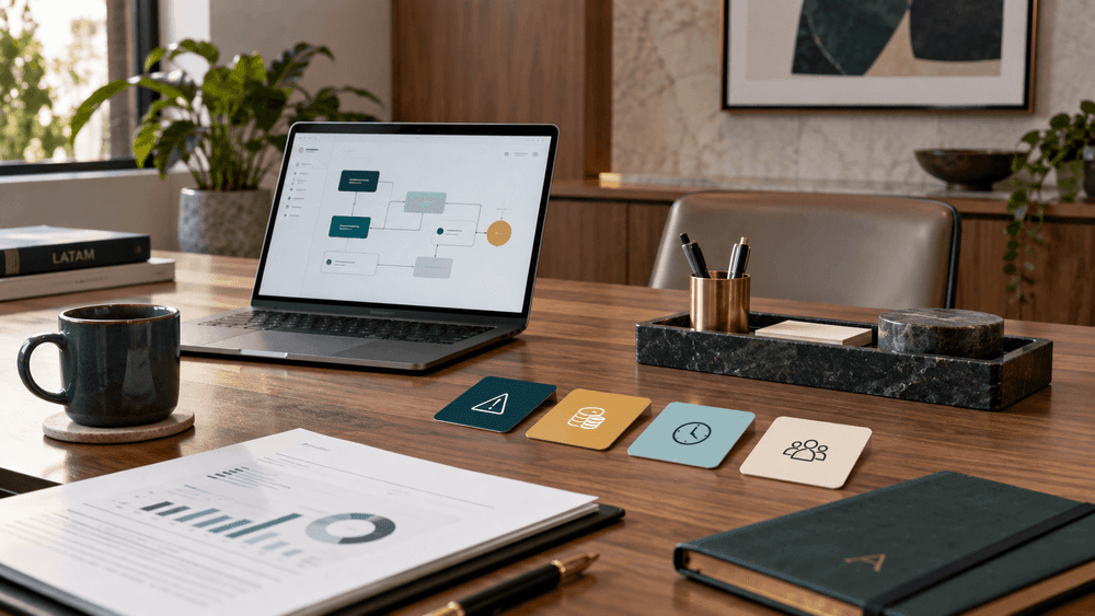 Mesa de trabajo con laptop, diagrama de arquitectura y tarjetas que representan riesgo, costo, tiempo y equipo